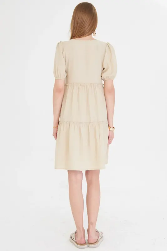 Women's Beige V Neck Short Sleeve Ruffled Dress ARM-25Y001049-Beige - 9