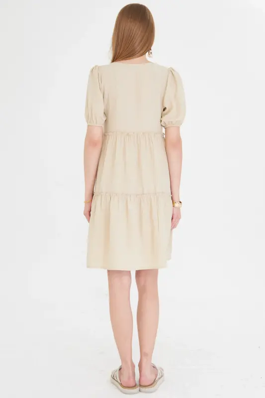 Women's Beige V Neck Short Sleeve Ruffled Dress ARM-25Y001049-Beige - 4
