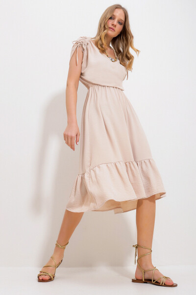 Women's Beige V-Neck Skirt Ruffle Elastic Waist Woven Dress Alc-X11744 - TREND ALAÇATI STILI