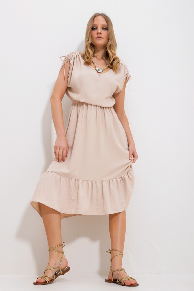 Women's Beige V-Neck Skirt Ruffle Elastic Waist Woven Dress Alc-X11744 - TREND ALAÇATI STILI (1)