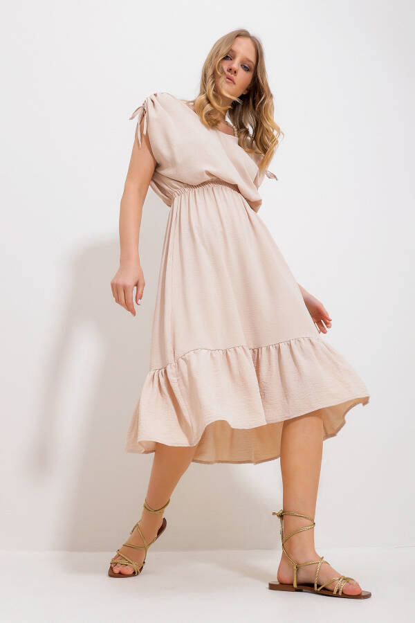 Women's Beige V-Neck Skirt Ruffle Elastic Waist Woven Dress Alc-X11744 - 3