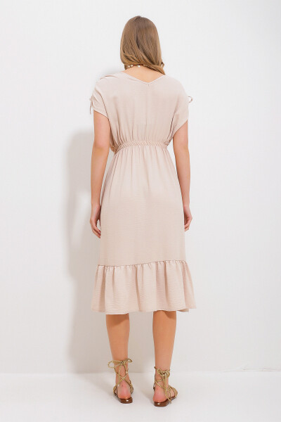 Women's Beige V-Neck Skirt Ruffle Elastic Waist Woven Dress Alc-X11744 - 4