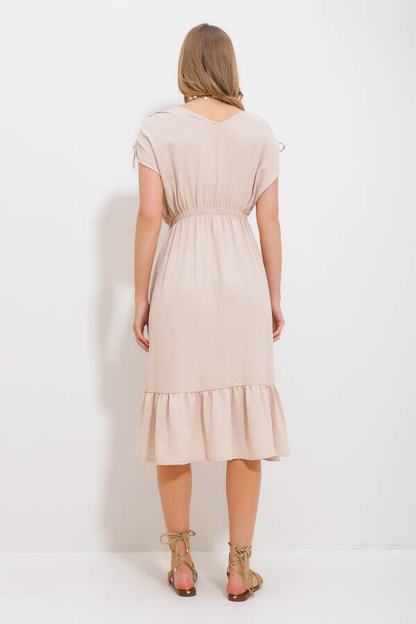 Women's Beige V-Neck Skirt Ruffle Elastic Waist Woven Dress Alc-X11744 - 4