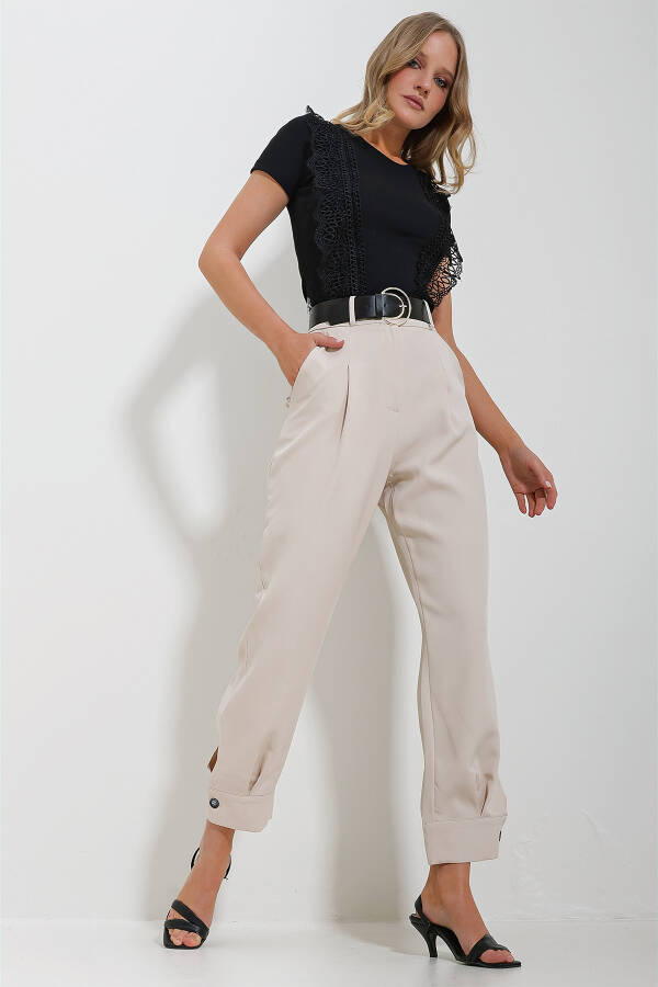 Women's Beige Waist Belt Buttoned Leg Double Pocket Double Fabric Woven Trousers ALC-X11623 - 1