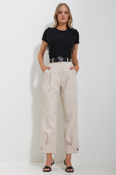 Women's Beige Waist Belt Buttoned Leg Double Pocket Double Fabric Woven Trousers ALC-X11623 - 2