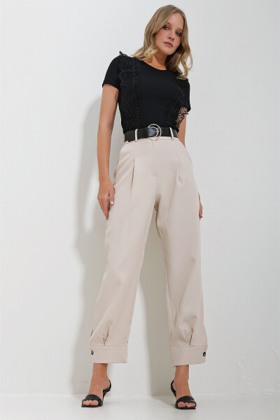 Women's Beige Waist Belt Buttoned Leg Double Pocket Double Fabric Woven Trousers ALC-X11623 - 3