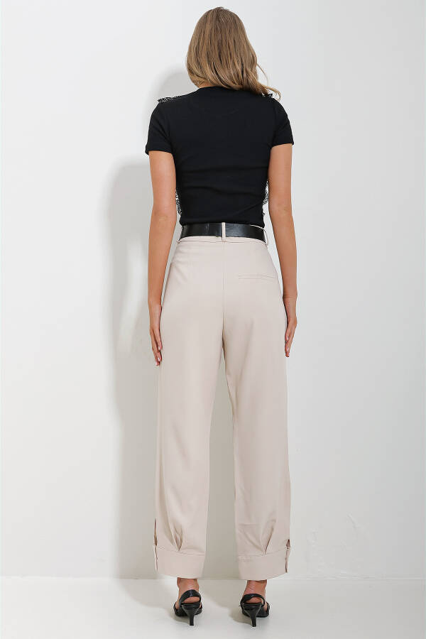 Women's Beige Waist Belt Buttoned Leg Double Pocket Double Fabric Woven Trousers ALC-X11623 - 4