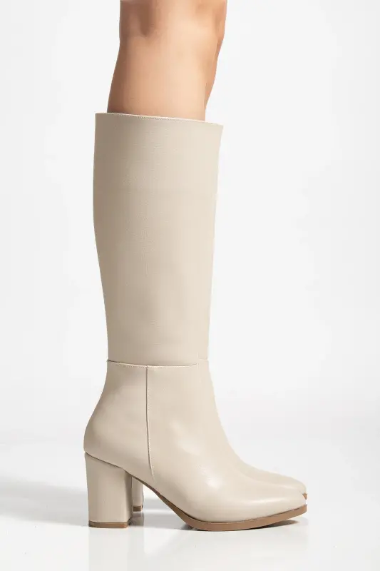 Women's Beige Zippered Below Knee Heeled Boot - Beige - 1