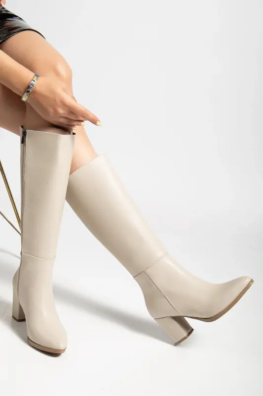 Women's Beige Zippered Below Knee Heeled Boot - Beige - 3