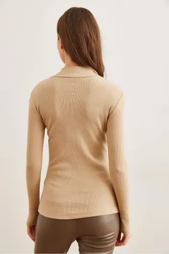 Women's Beige Zippered Turtleneck Lycra Blouse BLZ-19001155-Beige - OLALOOK (1)