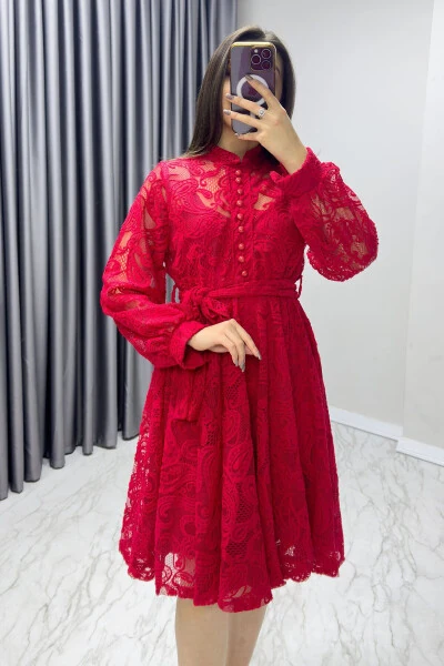 Women's Bell French Guipure Buttoned Plus Size Evening Dress Beige, Green, Black, White, Red - ZKS GRUP TEKSTIL (1)