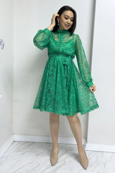 Women's Bell Sleeve French Guipure Buttoned Evening Dress, Green - ZKS GRUP TEKSTIL