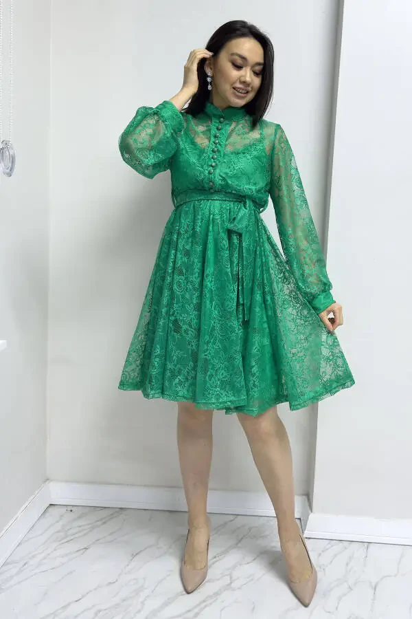 Women's Bell Sleeve French Guipure Buttoned Evening Dress, Green - 1