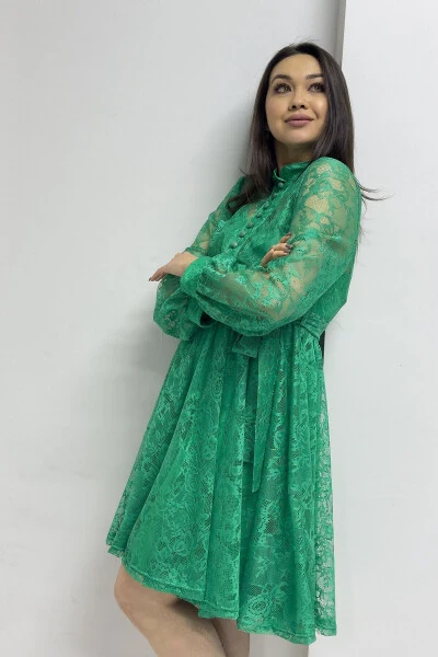 Women's Bell Sleeve French Guipure Buttoned Evening Dress, Green - 3