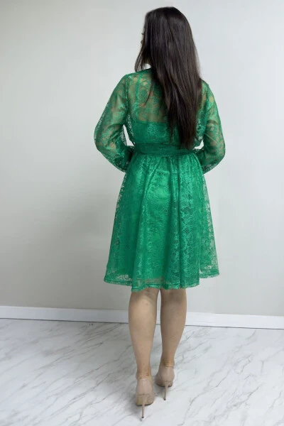 Women's Bell Sleeve French Guipure Buttoned Evening Dress, Green - 4