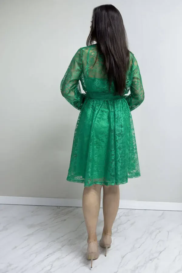 Women's Bell Sleeve French Guipure Buttoned Evening Dress, Green - 4