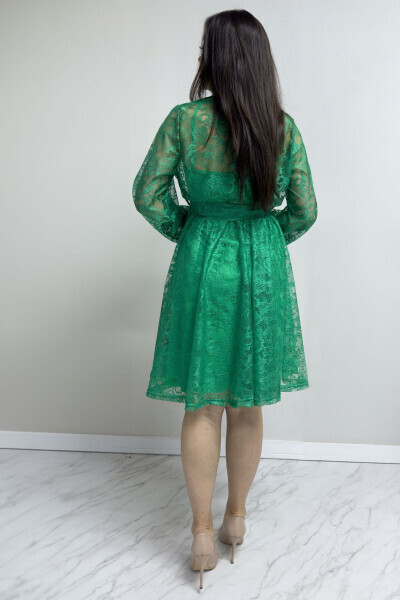 Women's Bell Sleeve French Guipure Buttoned Evening Dress, Green - 4