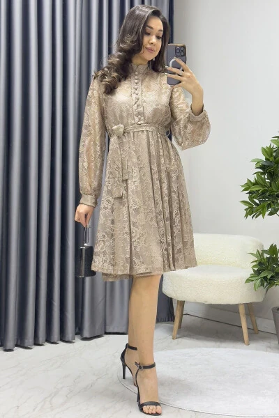 Women's Bell Sleeve French Guipure Buttoned Plus Size Evening Dress Beige, Green, Black, White, Red - ZKS GRUP TEKSTIL