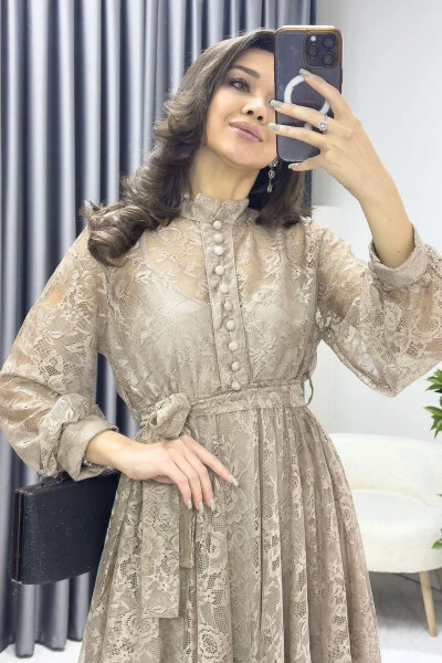 Women's Bell Sleeve French Guipure Buttoned Plus Size Evening Dress Beige, Green, Black, White, Red - ZKS GRUP TEKSTIL (1)