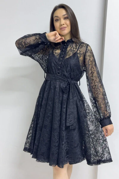 Women's Bell Sleeve French Guipure Buttoned Plus Size Evening Dress Beige, Green, Black, White, Red - 3