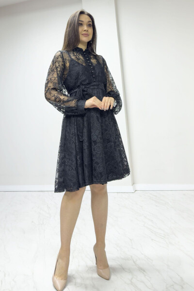 Women's Bell Sleeve French Guipure Buttoned Plus Size Evening Dress Beige, Green, Black, White, Red - ZKS GRUP TEKSTIL