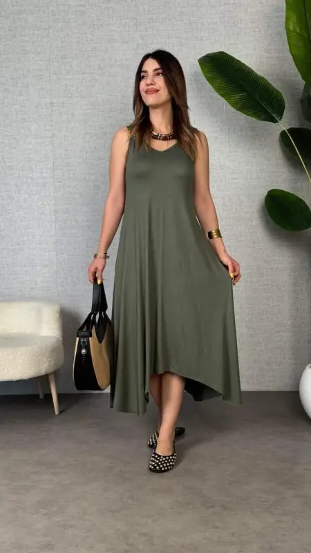 Women's bell Weave Fabric V Neck Asymmetric Cut Dress - BÜYÜKBEDENIZ