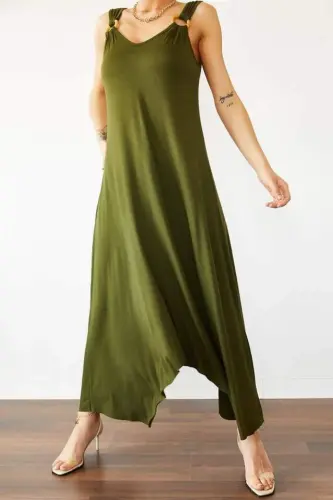 Women's bell Weave Fabric V Neck Asymmetric Cut Dress - 2