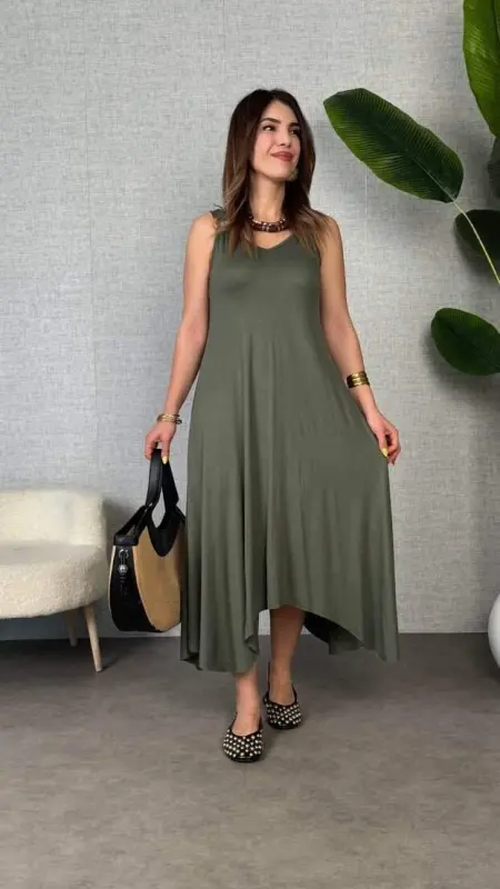 Women's bell Weave Fabric V Neck Asymmetric Cut Dress - 3