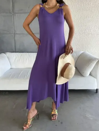 Women's Bell Weave Fabric V-Neck Asymmetric Cut Dress - 1