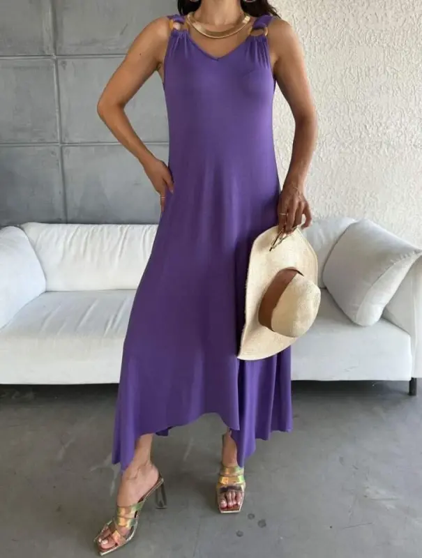 Women's Bell Weave Fabric V-Neck Asymmetric Cut Dress - BÜYÜKBEDENIZ