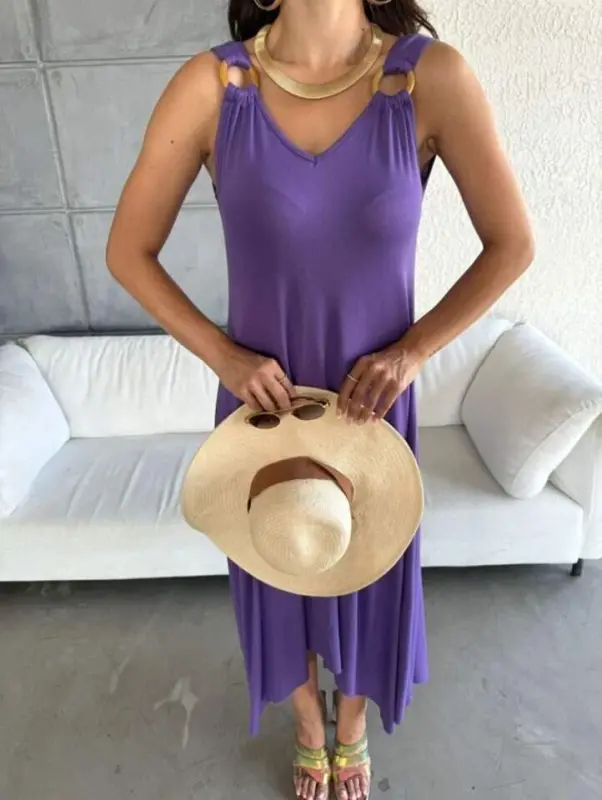 Women's Bell Weave Fabric V-Neck Asymmetric Cut Dress - 2