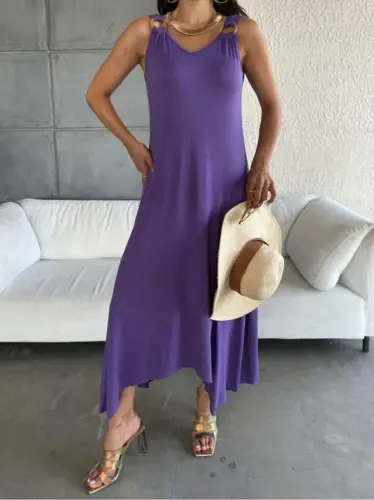 Women's Bell Weave Fabric V-Neck Asymmetric Cut Dress - 3