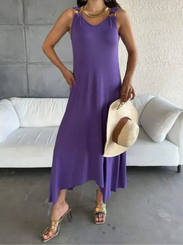 Women's Bell Weave Fabric V-Neck Asymmetric Cut Dress - 3