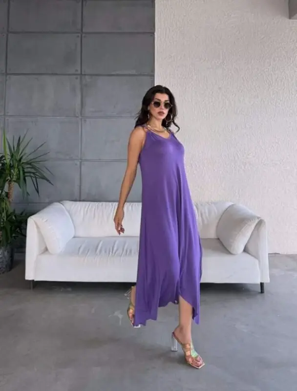 Women's Bell Weave Fabric V-Neck Asymmetric Cut Dress - 5