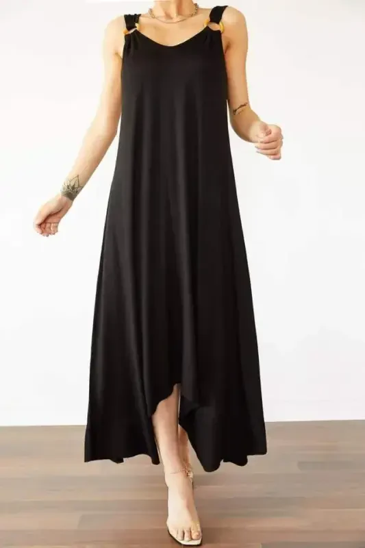 Women's bell Weave Fabric V Neck Asymmetric Cut Dress - 1