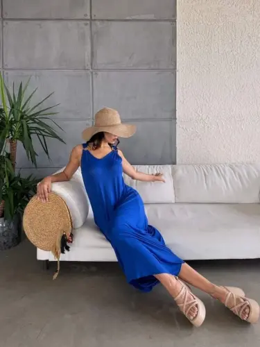 Women's bell Weave Fabric V Neck Asymmetric Cut Dress - BÜYÜKBEDENIZ (1)