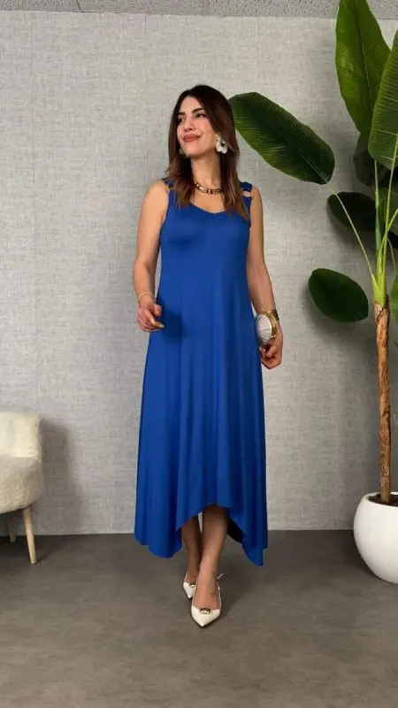 Women's bell Weave Fabric V Neck Asymmetric Cut Dress - 3