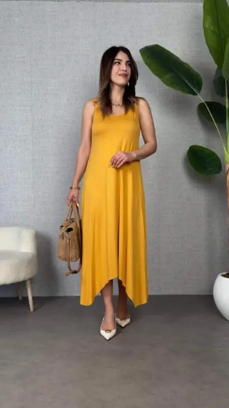 Women's bell Weave Fabric V Neck Asymmetric Cut Dress - BÜYÜKBEDENIZ