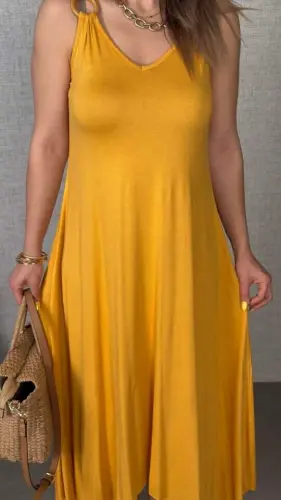 Women's bell Weave Fabric V Neck Asymmetric Cut Dress - 2