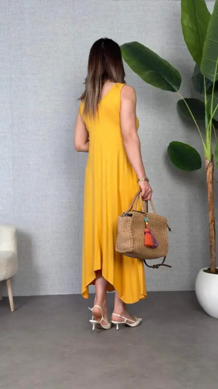 Women's bell Weave Fabric V Neck Asymmetric Cut Dress - 5