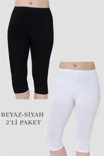 Women's Below Knee Capri Length Knitted Leggings White - Black 2-Pack - 1