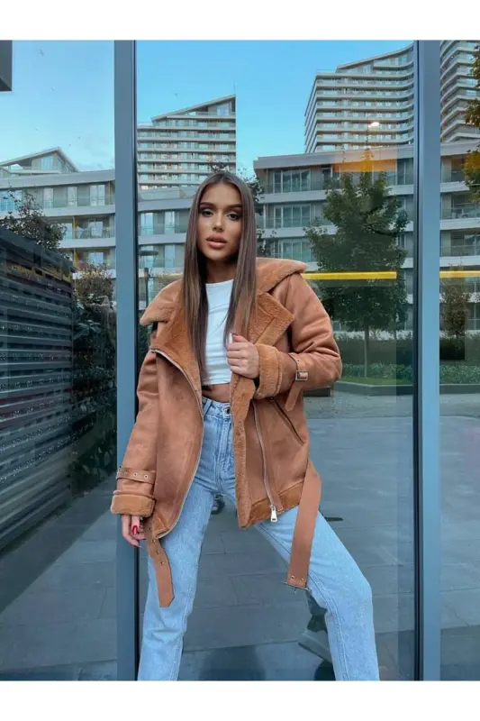 Women's Belt Detailed Leather Suede Jacket brown-brown - FOOT SNEAKERSS