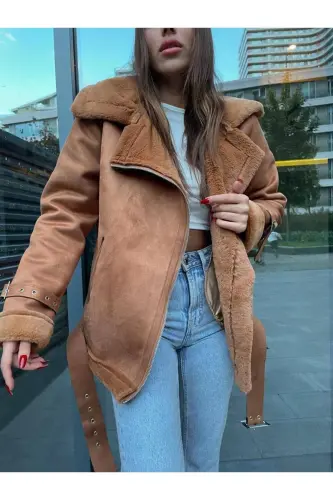 Women's Belt Detailed Leather Suede Jacket brown-brown - 4