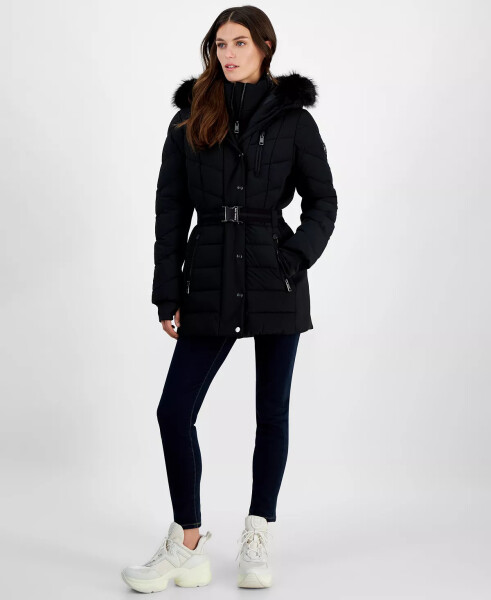 Women's Belted Bibbed Hooded Puffer Coat Black - 1