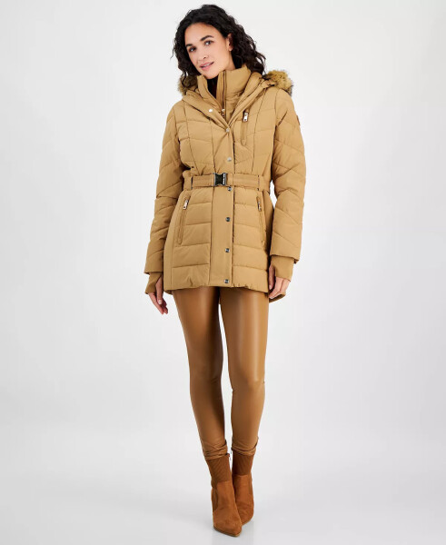 Women's Belted Bibbed Hooded Puffer Coat Dark Camel - 1