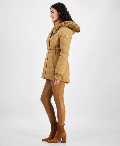 Women's Belted Bibbed Hooded Puffer Coat Dark Camel - 3