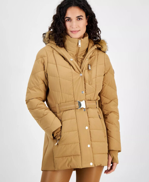 Women's Belted Bibbed Hooded Puffer Coat Dark Camel - 4