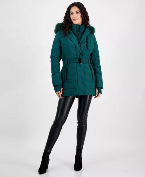 Women's Belted Bibbed Hooded Puffer Coat Dark Emerald - 1