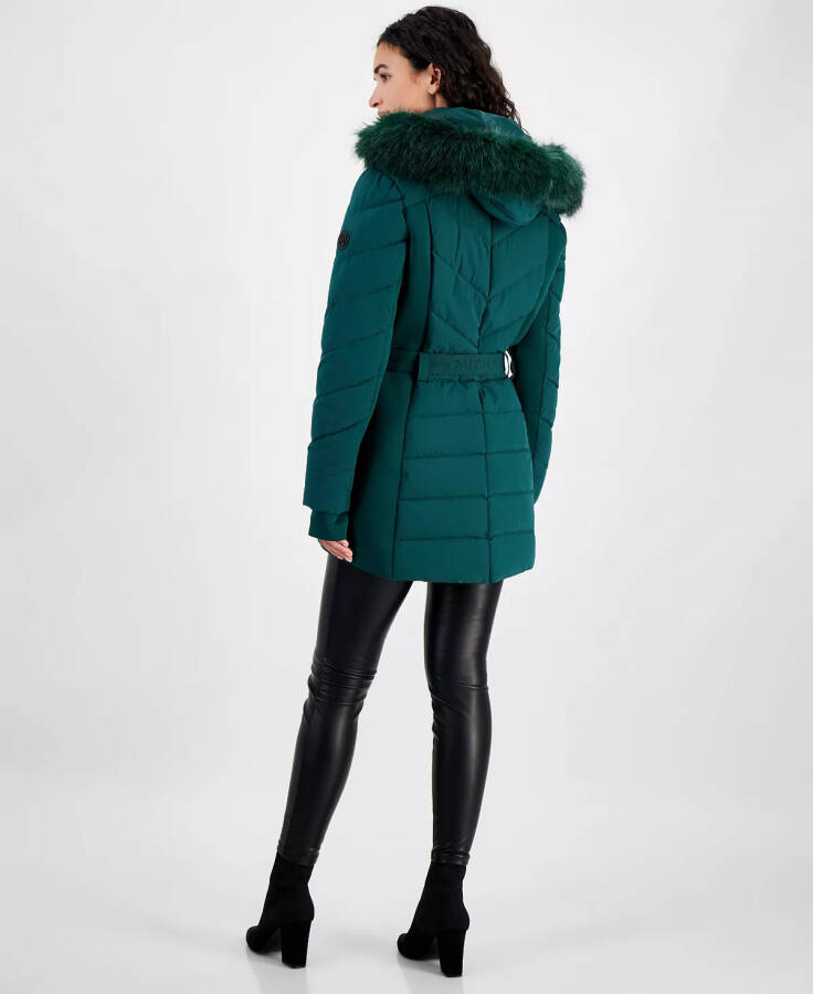 Women's Belted Bibbed Hooded Puffer Coat Dark Emerald - 2