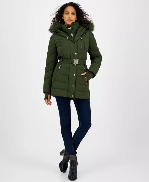 Women's Belted Bibbed Hooded Puffer Coat Olive - 1